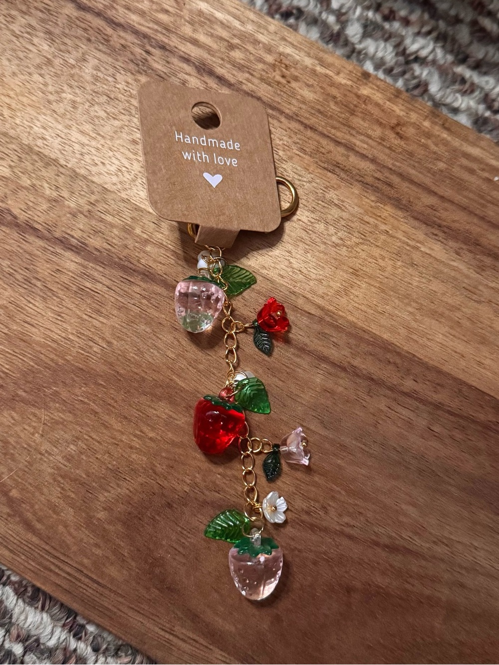 Handmade Strawberry Charm Keychain in Red & Light Pink